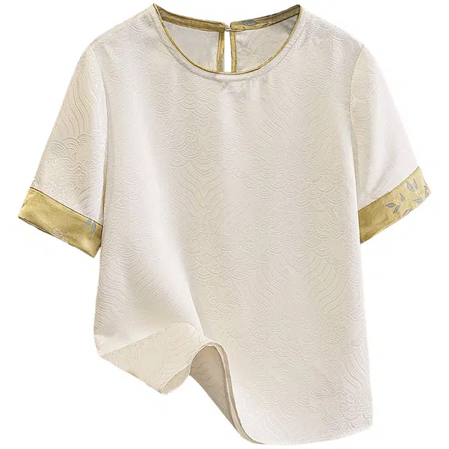 她池 圆领短袖提花拼接新中式衬衫 女款