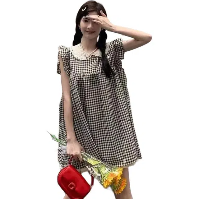 水中花 法式甜美坎肩小个子裙子娃娃领格子裙飞飞袖气质无袖连衣裙 女款