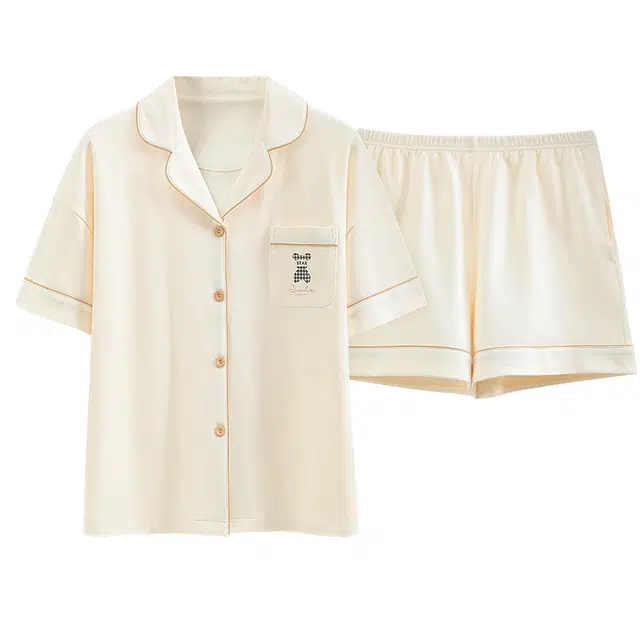 顶瓜瓜 短袖短裤翻领开衫纯色休闲舒适两件套睡衣套装 男女同款