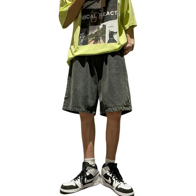 法文箱子 美式高街复古薄款潮牌水洗中裤直筒宽松休闲五分裤牛仔短裤 男款