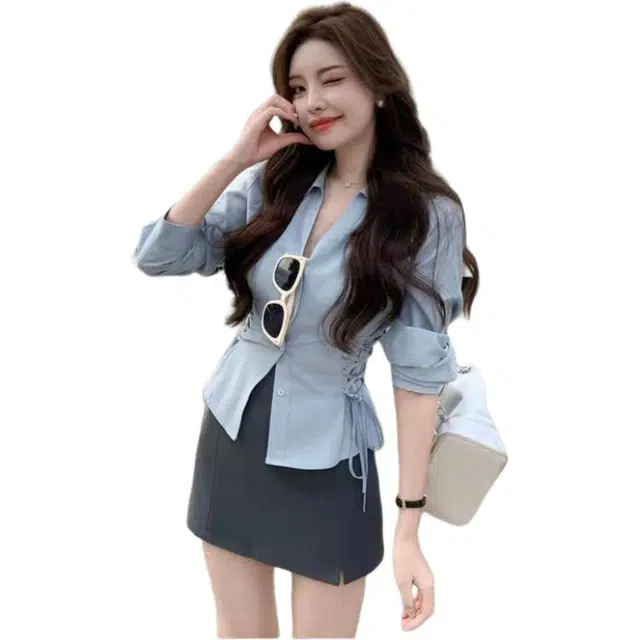 水中花 穿搭一整套时尚翻领长袖衬衫半身短裙休闲套装 女款