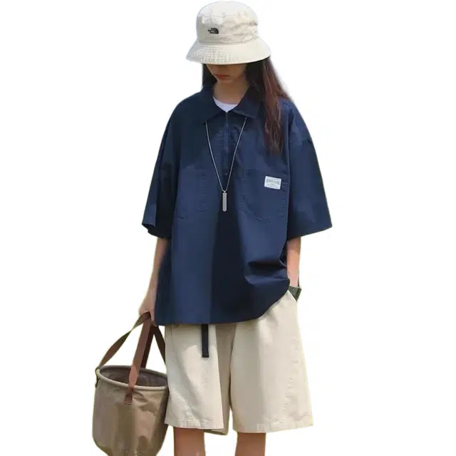 玉儿恋 日系复古格子多口袋撞色时尚舒适短袖衬衫 男女同款
