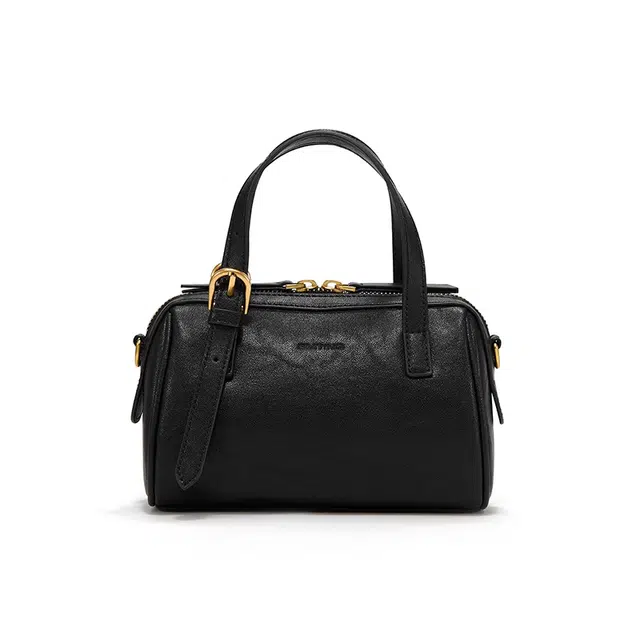 西木汀 奶昔 小众设计波士顿包轻便迷你休闲百搭通勤 牛皮 斜挎手提包 小号 女款 深邃黑/珍珠白/樱花粉