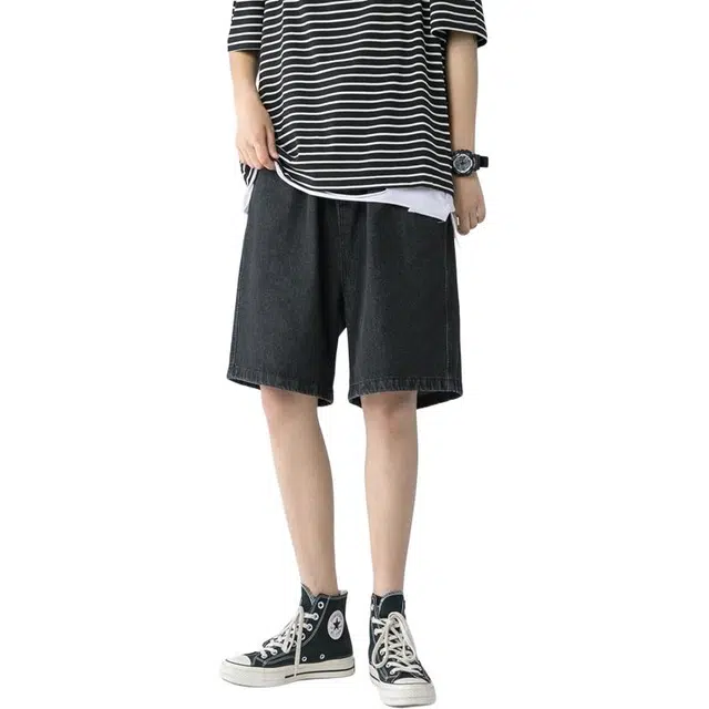 法文箱子 美式复古水洗薄款宽松直筒阔腿裤高街潮牌五分裤牛仔短裤 男款