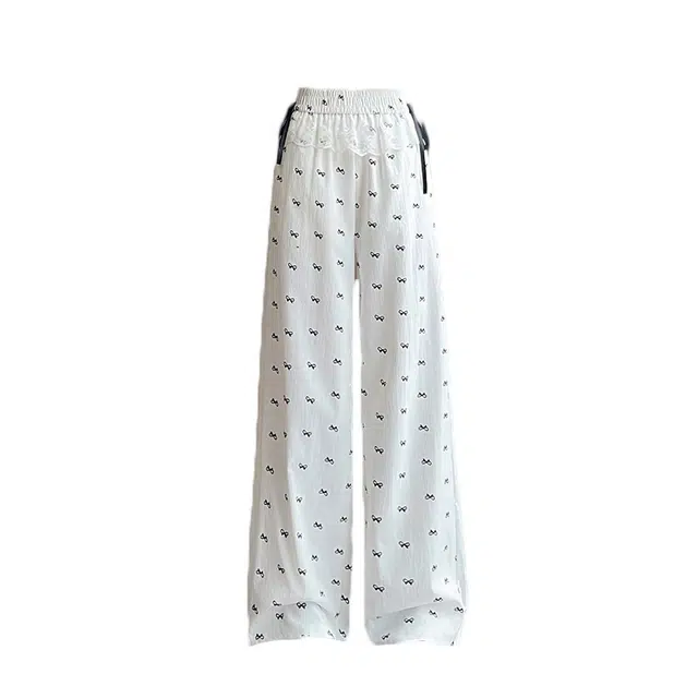 敲模女孩 法式简约风蕾丝蝴蝶结印花速干高腰垂感直筒休闲裤 女款