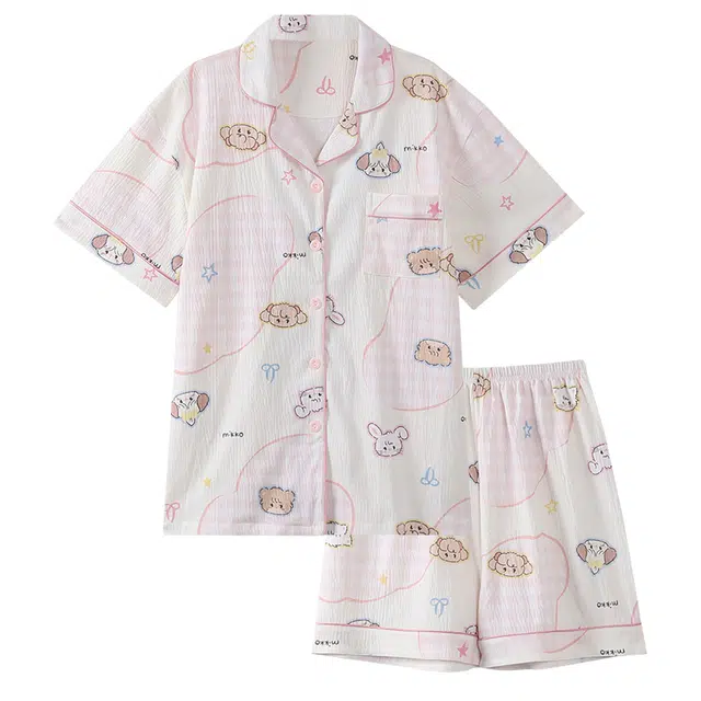 俏霓桐 薄款甜美可爱卡通少女风简约休闲透气舒适家居服可外穿夏季睡衣套装 女款