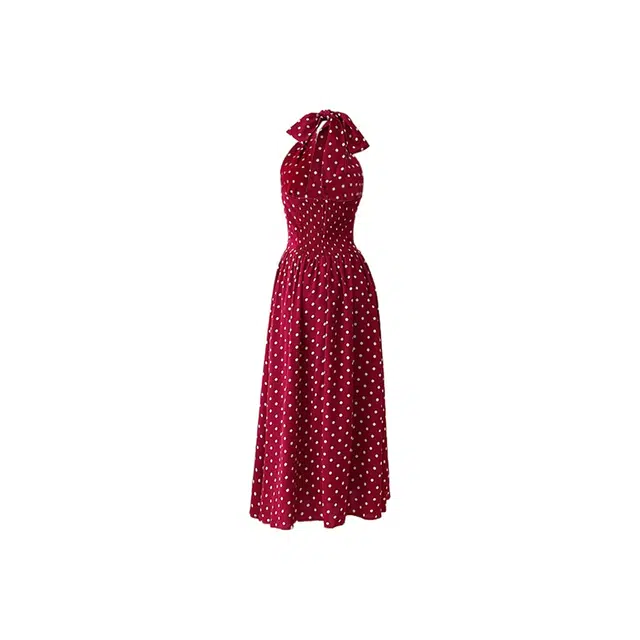 沐晓欣 复古波点收腰露背性感度假风优雅气质舒适时尚休闲修身显瘦长款纯色小众设计感乖乖女穿搭吊带连衣裙 女款