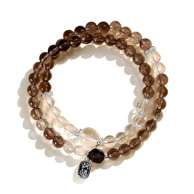 百慕眸 串珠 新中式 国潮 吸金纳福 小众设计 高级感 福牌 双圈叠戴 茶晶 手串 男女同款情侣款