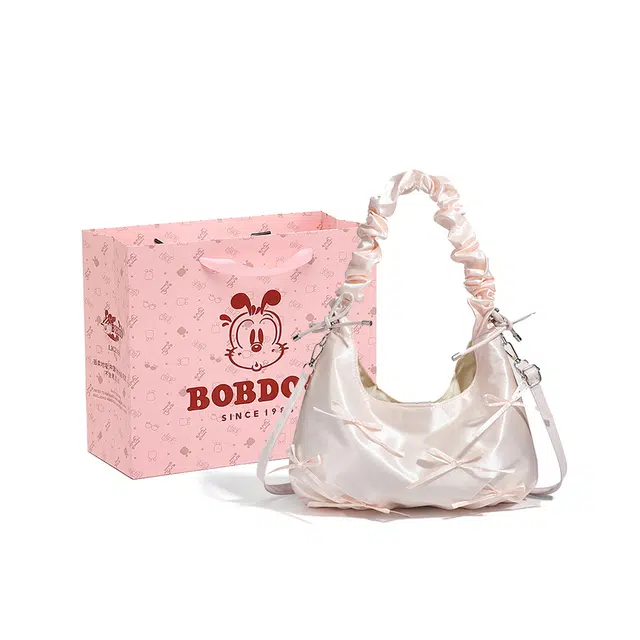 巴布豆 小众设计褶皱蝴蝶结女包 织物 百搭气质少女云朵包单肩斜挎手提包 大号 女款 粉色