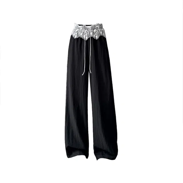 敲模女孩 法式慵懒风设计感蕾丝花边防晒高腰垂感阔腿休闲裤 女款