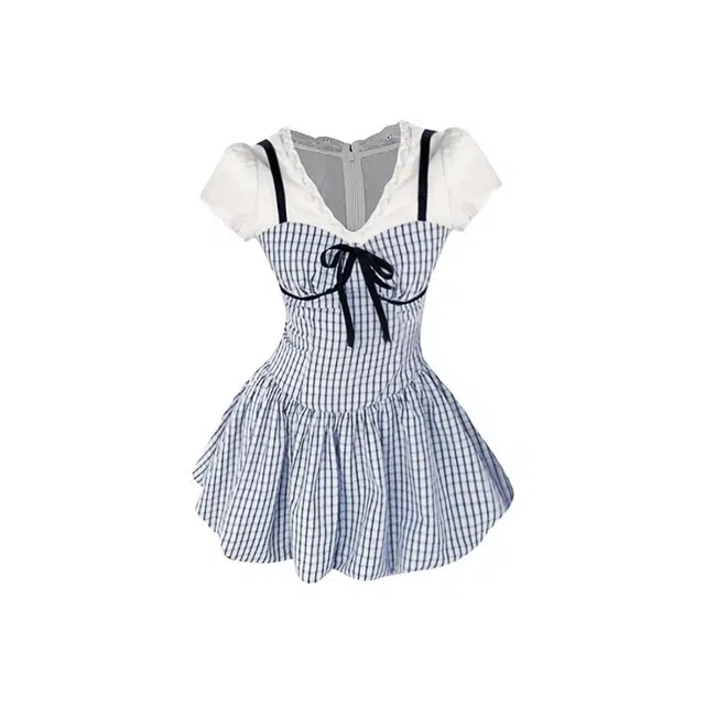 敲模女孩 学院风甜美假两件泡泡袖格纹收腰修身蓬蓬公主短裙短袖连衣裙 女款