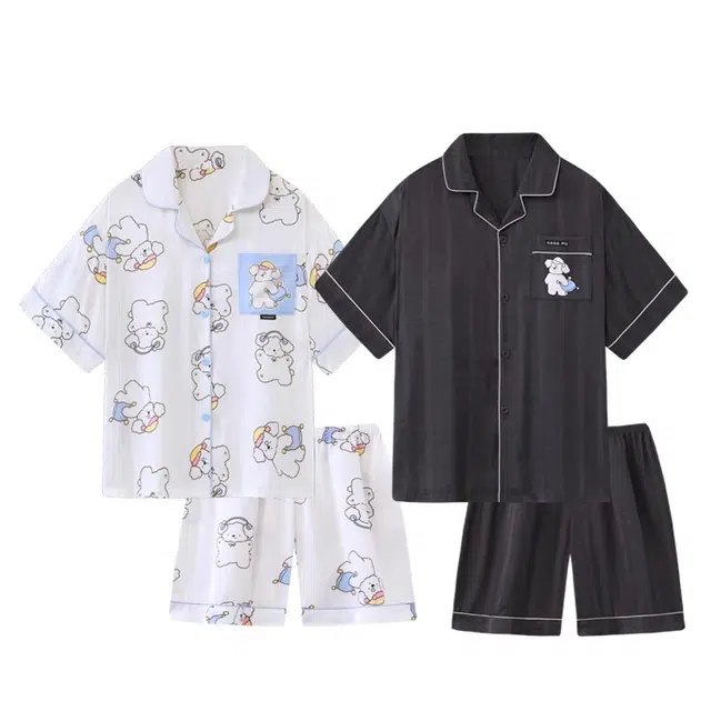 俏韵 翻领短袖三分裤卡通凉感可外穿家居服夏季睡衣套装 男女同款