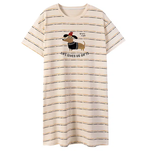 顶瓜瓜 条纹卡通小狗图案圆领短袖简约舒适带胸垫居家服可外穿睡裙 女款