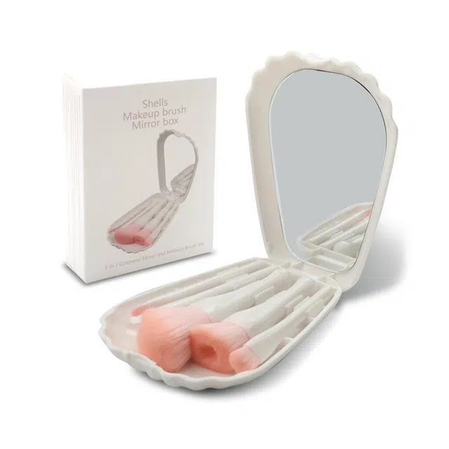 橡柠派  便携式化妆刷贝壳镜盒五件套美妆工具套装粉底刷眼影修容亲肤柔软柔软新手化妆刷 亲肤便携修容定妆打底晕染柔软