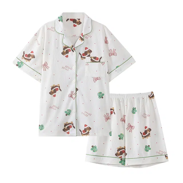 俏霓桐 薄款可爱卡通小狗甜美蝴蝶结透气舒适家居服可外穿夏季睡衣套装 女款