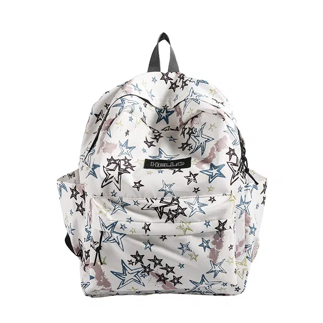 南潇湘 涂鸦精美机能通勤旅行小清新轻便高颜值大容量背包初中高中大学生上课百搭书包 尼龙布 双肩包 男女同款情侣款 白色