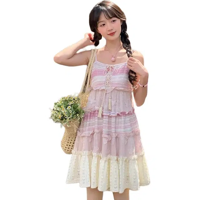 水中花 法式时尚蕾丝边梦幻甜美晕染多层显瘦吊带连衣裙 女款