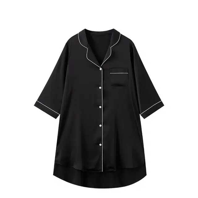 俏韵 翻领短袖简约纯色开衫薄款家居服可外穿睡裙 女款