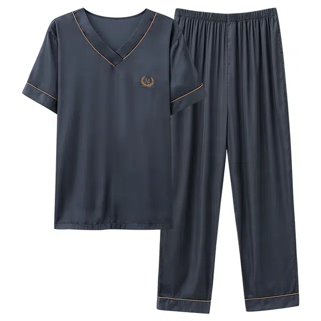 顶瓜瓜 轻盈冰丝凉感短袖长裤休闲睡衣套装 男款