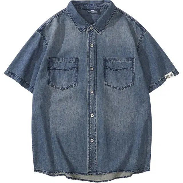巴塞罗那足球俱乐部 水洗牛仔美式复古宽松潮牌复古做旧短袖衬衫 男女同款 蓝色