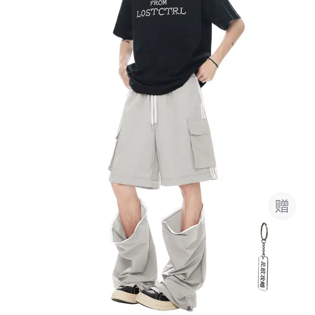 北欧攻略 美式复古条纹拼接轻薄舒适垂感透气多口袋工装可拆卸速干伞兵裤工装直筒痞帅松弛运动健身少年感休闲裤 男女同款