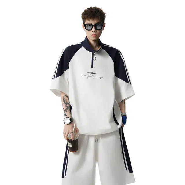 佐菲利 美式复古宽松时尚学院风两件套跑步短袖短裤休闲运动套装 男款