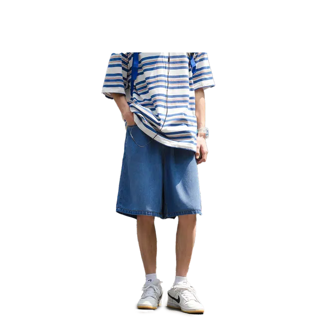 港仔文艺男 纯色透气简约日系休闲五分裤宽松百搭牛仔短裤 男女同款