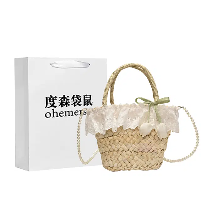 度森袋鼠 法式浪漫田园风蕾丝边软妹森系沙滩 草编 手提包 女款 多色
