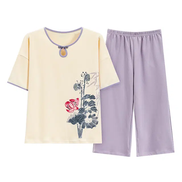 好福份 云感系列 柔软舒适植物花卉圆领短袖可外穿家居服睡衣套装 女款