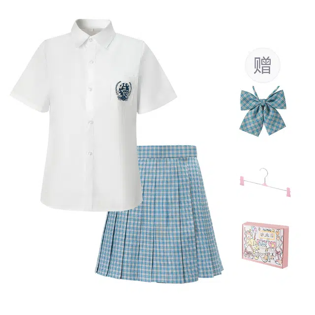 日暮星河 松蓝皓海套装 夏季学院风百褶裙衬衫套装 女款