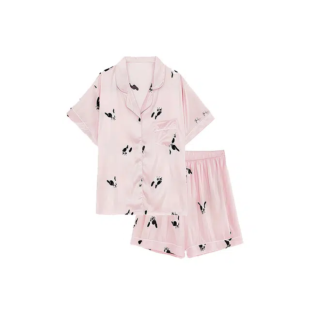 俏韵 翻领卡通休闲风冰丝短袖薄款家居服可外穿夏季睡衣套装 男女同款