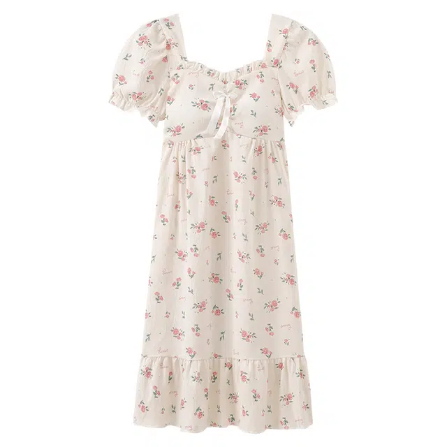 顶瓜瓜 带胸垫可拆卸短袖中长裙甜美可爱碎花休闲家居服睡裙 女款