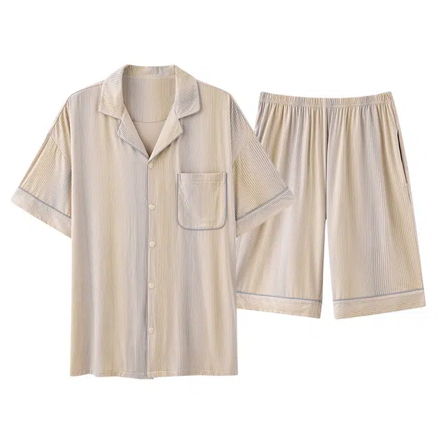 棉基因 冰丝薄款短袖宽松凉感居家服可外穿大码睡衣套装 男款