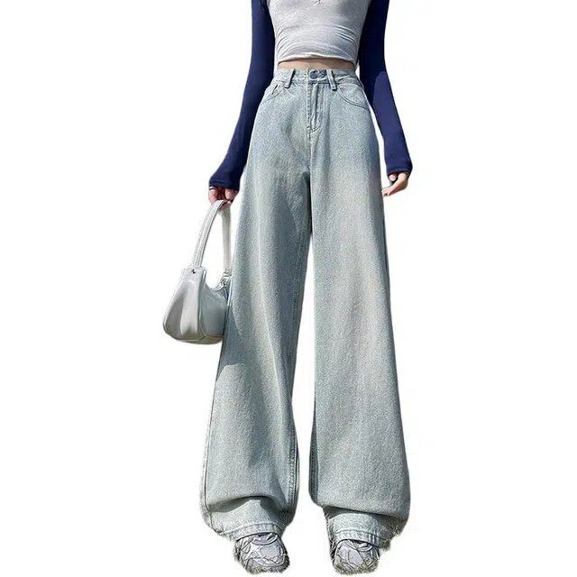 欧迪芬 美式水洗浅色系甜酷风简约弯刀裤休闲宽松垂感显瘦小个子百搭通勤牛仔裤 女款