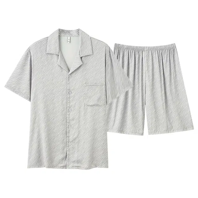 棉基因 冰丝大码不粘身薄款丝滑亲肤吸湿排汗凉感舒适透气短袖五分裤休闲家居服简约潮流韩版睡衣套装 男款