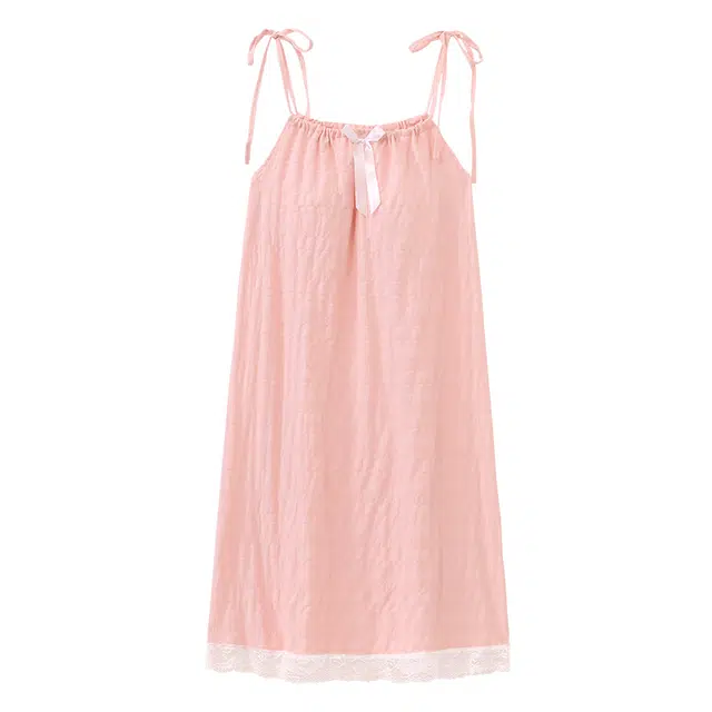 顶瓜瓜 带胸垫可拆卸性感无袖吊带中长裙甜美可爱蝴蝶结蕾丝花边家居服睡裙 女款