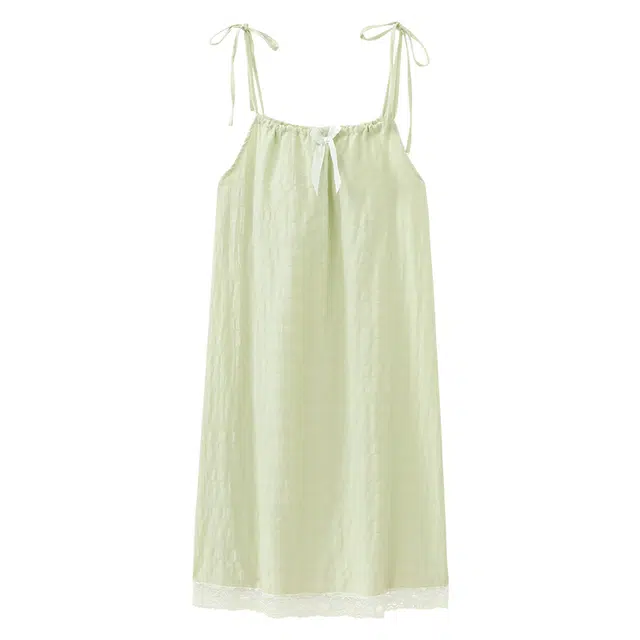 顶瓜瓜 带胸垫可拆卸性感无袖吊带中长裙绿色甜美可爱小清新纯色蝴蝶结蕾丝花边家居服睡裙 女款