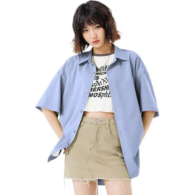 新世家族 青少年簿款美式夏季潮牌翻领百搭休闲短袖衬衫 女款