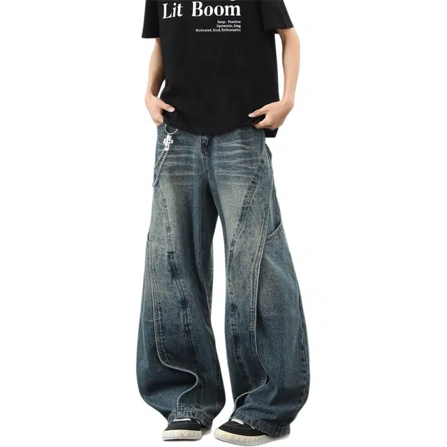 宝米卡 美式弯刀立体解构分割设计阔腿潮牌水洗宽松直筒长裤子牛仔裤 男女同款