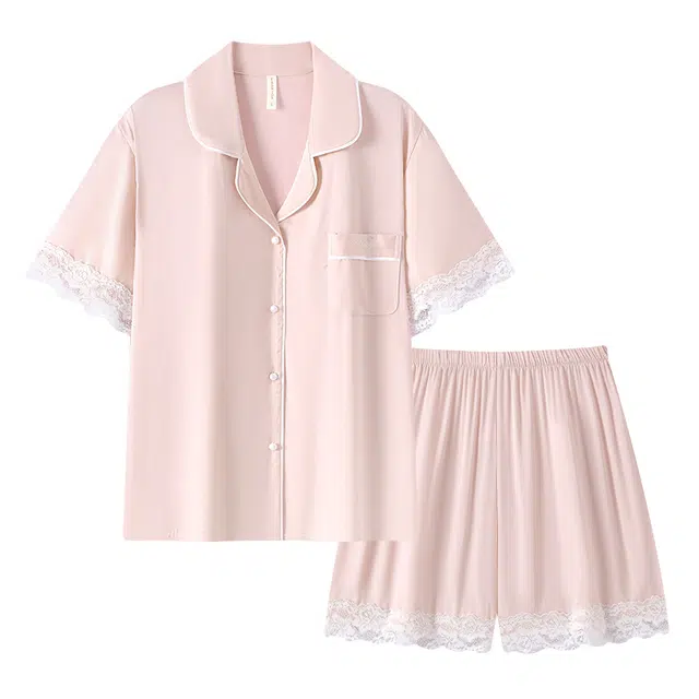 莫代尔 时尚气质百搭简约休闲翻领开衫舒适柔软亲肤透气细腻短袖三分裤不易起球家居服可外穿睡衣套装 女款