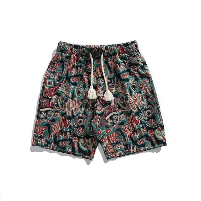 爱肯 高街宽松五分沙滩裤国风时尚潮牌个性设计感舒适透气百搭简约基础款日常度假系带休闲短裤 男女同款