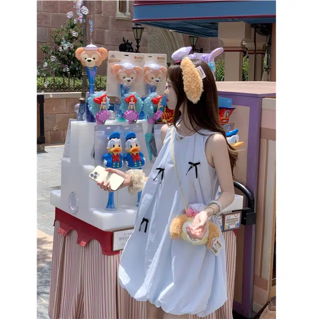 依钗 小众设计学院风蝴蝶结花苞显高短裙夏季女装小个子专属无袖连衣裙 女款