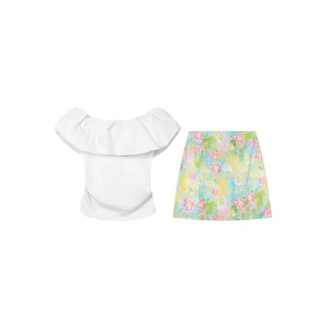 敲模女孩 甜酷风一字领修身短袖上衣高腰碎花半身裙裙装套装 女款