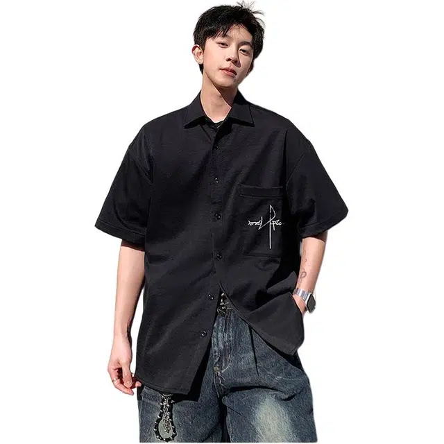 法文箱子 美式学院风减龄百搭宽松短袖衬衫 男款