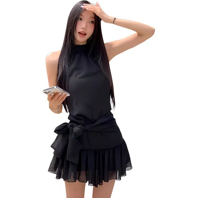 水中花 夏季 美式复古设计感蝴蝶结挂脖裙子无袖连衣裙 女款