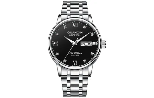 冠琴 双日历商务防水夜光国表 自动机械机芯 精钢表带 国表 男表 黑色表盘 品牌礼盒包装腕表