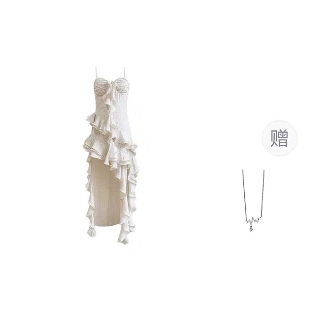 识恩 白月光碎花纯欲辣妹荷叶边仙女不规则沙滩长裙吊带连衣裙 女款