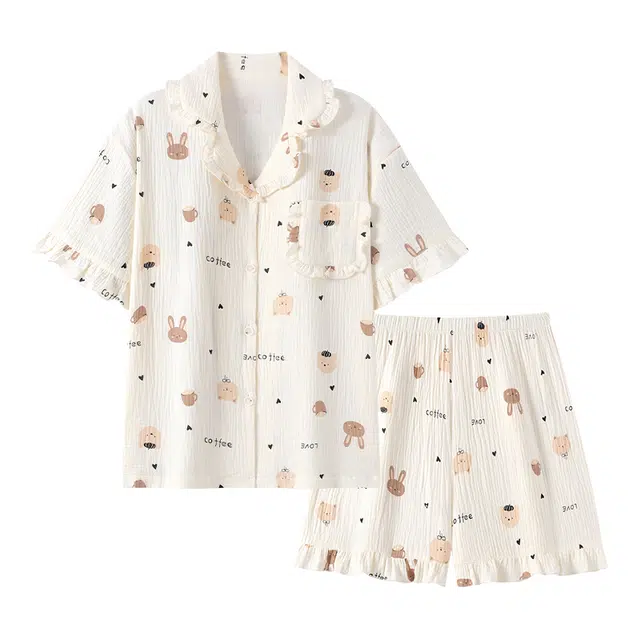 顶瓜瓜 卡通动物满印亲肤简约舒适可外穿家居服短袖三分裤睡衣套装 女款