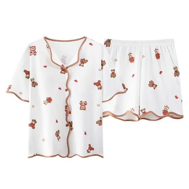 好福份 凉感系列 带胸垫卡通满印短袖简约风格家居服睡衣套装 女款