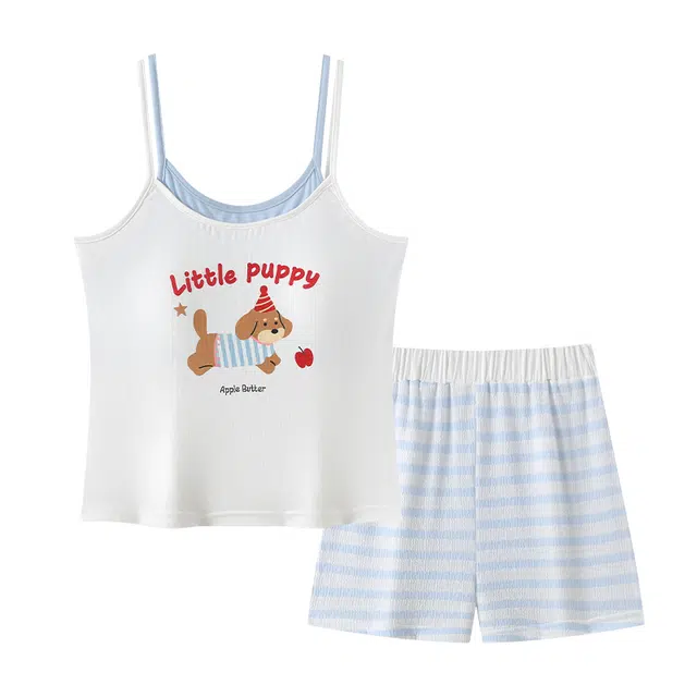 顶瓜瓜 可爱小狗图案无袖吊带简约舒适带胸垫可外穿家居服三分裤睡衣套装 女款